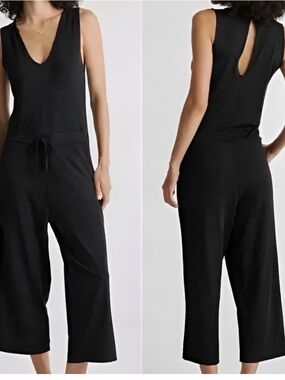 Quince Black Sleeveless V-Neck Cropped Jumpsuit with Tie Waist